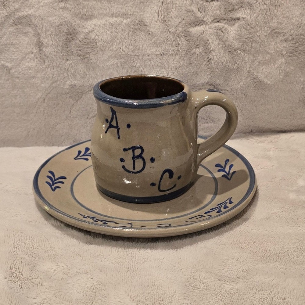 Vintage BBP 1995‎ Hand Painted Stoneware ABC 123 Mug and Saucer Set Grey Blue